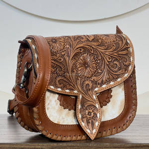 Sacs à bandoulière en cuir de vachette véritable fait main, motif floral élégant, pour femmes, sac messager à bandoulière - Product Image 2