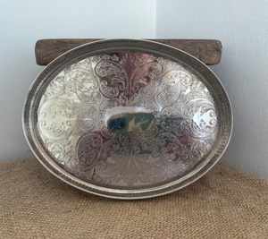 Vintage Silver Plated Oval Gallery Tray Pierced Reticulated Edge Engraved Acanthus Scrollwork Base Platter for <b>Home</b> & Hotel Deco - Product Image 1