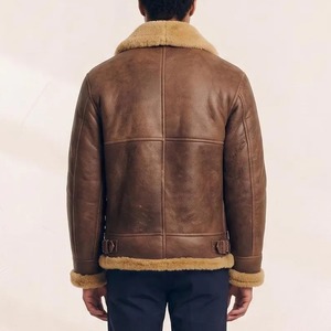 Men’s <b>B3</b> Inspired Brown Real Leather Shearling <b>Jacket</b>, Light Distressed Aviator <b>Bomber</b> Leather <b>Jacket</b> with Fur Collar - Product Image 4