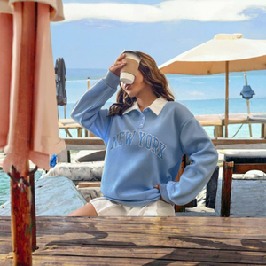 เสื้อสเวตเชิ้ตแขนยาวสไตล์พรีปปี้พิมพ์ลายตัวอักษรนิวยอร์กสีน้ำเงินสำหรับผู้หญิง คอปกติดกระดุม เสื้อลำลองสำหรับฤดูใบไม้ร่วง - Product Image 5