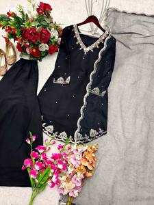 Nuevo conjunto de sharara y dupatta de seda romana con bordado y lentejuelas de 5 mm, color negro, proveedor de la India, moda femenina. - Product Image 6