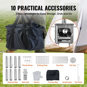Poêle à bois de camping portable en acier inoxydable de 86 pouces avec tuyaux de cheminée et gants, capacité de 1646 in3, fonction pliable à 100 % - Product Image 4