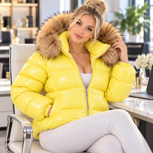 <b>Yellow</b> <b>Puffer</b> <b>Jacket</b> Women's Genuine Leather Bomber with Fox Fur Hood Outwear Lederjacken Damen - Product Image 4
