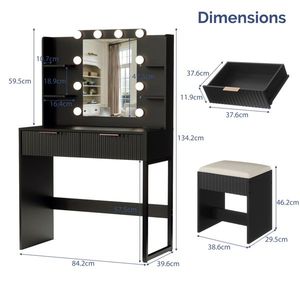2-Drawer 4-Shelf Black Particleboard Dressing Table Set with Melamine Finish 10 Three-Tone Light Bulbs Included <b>Makeup</b> <b>Vanities</b> - Product Image 5