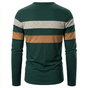 Mens Dark Green Henley Shirt Long Sleeve Color Block T Shirts Fashion Striped Cut Sew Cotton Knit Casual Pullover Tee Shirts - Product Image 3