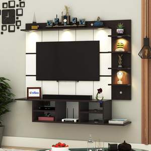 Meuble TV mural en bois d'ingénierie avec panneau arrière en PVC rayé et éclairage LED intégré |   Meuble TV avec boîte de rangement ouverte (Wengé/Blanc) - Product Image 3