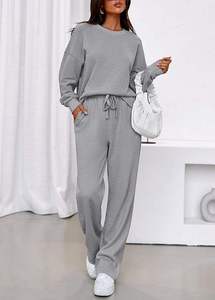 TAYUMA INDUSTRIES Grey Women's Casual Joggers Pants Set Regular Fit Drawstring Waist Full Length Solid Color Knitted Cotton - Product Image 2