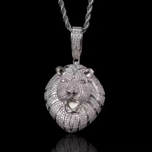 Colgante de cabeza de león de lujo con incrustaciones de cristal y chapado en plata, unisex, estilo hip hop, joyería de moda. - Product Image 2
