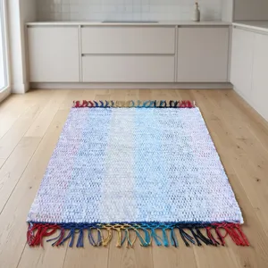 Tapis de style Kilim en coton à rayures métalliques, tissé à la main, à poils ras, fin, lavable, avec support en latex, pour usage domestique - Product Image 3