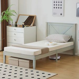Twin Size Solid Oak <b>Platform</b> <b>Bed</b> <b>Frame</b> with Hand Carved Headboard Gray Wash Finish Rustic Style for Farmhouse Soft <b>Bed</b> Storage - Product Image 4
