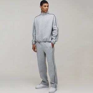 Custom Logo Oversized Funnel Neck Zip <b>Hoodie</b> With Contrast Piping 2 Pieces Men's Tracksuit Breathable Streetwear Men's Sweatsuit - Product Image 4