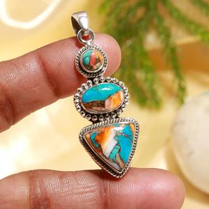 <b>Top</b> Grade Spiny Oyster Copper Turquoise Pendant 925 <b>Silver</b> Handmade Oval Shape Gemstone Inlay Jewelry Gift - Product Image 1