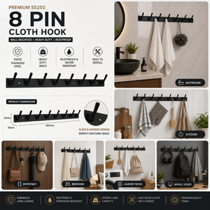 Black Metal Wall Mount <b>Hook</b> <b>Rail</b> with 8 <b>Hooks</b> | Heavy Duty Minimalist Coat & Clothes Organizer for Entryway, Bathroom & Bedroom - Product Image 5