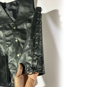 Men's Genuine Leather Vintage Windproof Cotton Filled V-neck Biker <b>Vest</b> OEM ODM Wholesale Lace Side Motorcycle Riding Outer Wear - Product Image 4