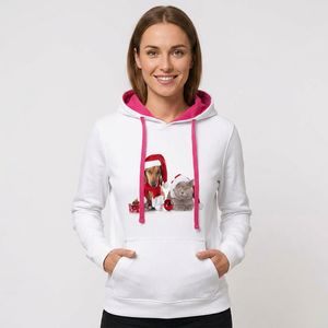 Felpa Invernale da Donna Bianca Vintage con Cappuccio, Stampa Natalizia Cani e <span class=keywords><strong>Gatti</strong></span>, Cordoncini Rosa, 100% Cotone Lavorato a Maglia, Anti-restringimento - Product Image 5