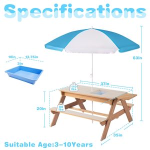 Regolabile in legno per bambini 3-in-1 tavolo di attività di sabbia con ombrellone superiore staccabile per bambini all'aperto gioco giardino Patio ponte - Product Image 2