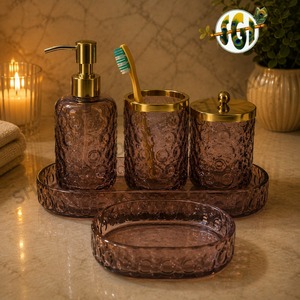 Luxury Amber Glass Five-piece <b>Bathroom</b> <b>Accessories</b> <b>Set</b> Gold Finish Soap Dispenser Toothbrush Holder Storage Jar Decorative Tray - Product Image 6