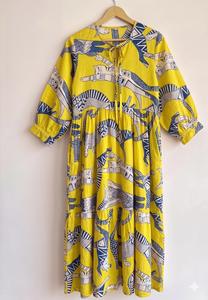 Yellow Animal Print Midi <b>Dress</b> Women Loose Fit O-Neck Three Quarter Sleeve Casual <b>Summer</b> Woven Cotton <b>Dress</b> - Product Image 2