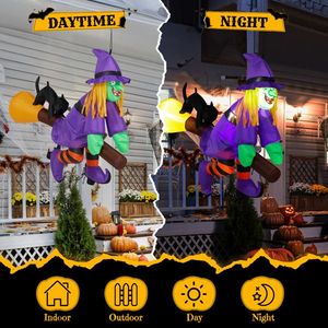 3.9 FT Halloween LED Inflatable Witch Riding Broom Scary Outdoor Yard Decorations Built From Window Broke Out - Product Image 5