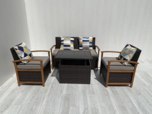 Ensemble de jardin et de terrasse 4 pièces en rotin d'acacia moderne de qualité supérieure, avec plateau de table réglable KD et coussins gris imperméables pour l'extérieur - Product Image 2
