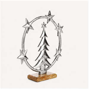 Modern Silver Metal Christmas <b>Tree</b> Sculpture With North Star Circle Premium Nickel-Plated Aluminum Figurine On Solid Wood Base - Product Image 1