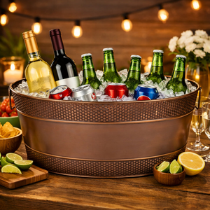 Enfriador de Bebidas Grande de Metal Martillado con Asas Laterales, Cubo de Hielo Redondo, Contenedor Enfriador para Hogar, Restaurante, Hotel, Fiesta - Product Image 1