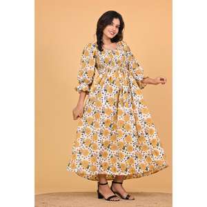 Vestido Maxi de Algodón Indio con Estampado Floral para Mujer, Estilo Boho, con Mangas Largas Fruncidas, Vestido Informal de Verano para Fiestas - Product Image 1