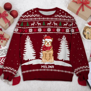 Pull de Noël rouge personnalisé avec motif chien et nom personnalisé – Le pull de vacances moche idéal - Product Image 1