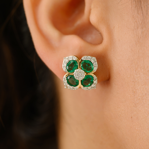 Exclusive Modernist Style Zambian Emerald & Diamond Flower Shape Big Stud Earrings For Wedding Bridesmaid Gifts 18K Yellow Gold - Product Image 2