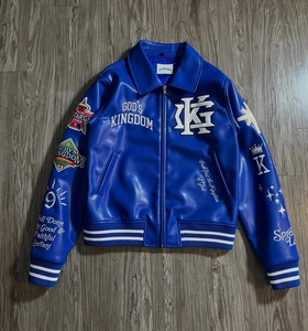 Blouson universitaire en cuir personnalisé avec fermeture éclair, corps en cuir, manches en cuir, broderie chenille, patchwork, fermeture éclair intégrale, style streetwear - Product Image 1