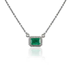18K <b>Solid</b> <b>Gold</b> Emerald Cut & Halo Diamond Chain Necklace Rhodium Plated - Product Image 1