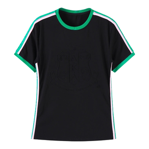 เสื้อเชิ้ตแขนสั้นคอกลมลำลองสำหรับผู้หญิง รุ่นพรีเมียม ลายนูน ดีไซน์รักษ์โลก ประดับเพชร สีดำ สไตล์กรีก - Product Image 1