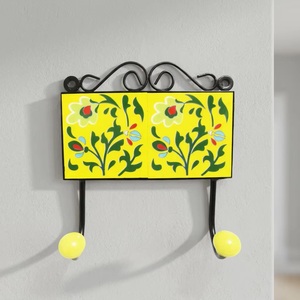 Crochets muraux en céramique jaunes à motifs floraux, 2 supports en céramique, imperméables, écologiques, installation autocollante pour la décoration de la maison, style rétro - Product Image 4