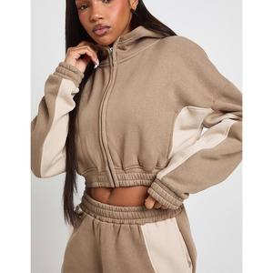 Ensemble short personnalisé OEM, impression numérique 3D, logo, sweat à capuche court zippé et pantalon de survêtement en molleton de coton à épaules tombantes, ensemble assorti haut et bas pour femme - Product Image 2