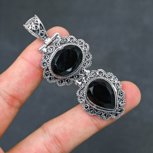 <b>Top</b> Quality Sparkling LAB-CREATED Black Onyx Solid 925 Sterling <b>Silver</b> Plated Designer 2.20" Pendant Women's Wholesale - Product Image 2
