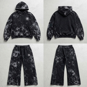 Ensemble de survêtement pour femme noir délavé à l'acide, comprenant un sweat à capuche oversize et un pantalon de survêtement à jambes larges, style streetwear décontracté - Product Image 5