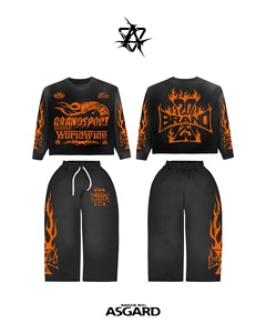 Ensemble t-shirt et pantalon à manches longues Black Orange Racing Club |   Survêtement streetwear oversize à motif flamme |   Fabricant de Marques Privées OEM - Product Image 1