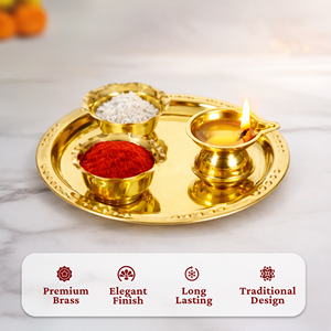Ensemble d'assiettes rondes en laiton Aarti avec supports pour Diya et Kumkum pour la Pooja quotidienne, les rituels du temple et les occasions festives - Product Image 4