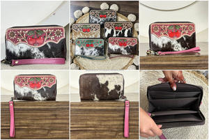 Cartera de Lujo con Patrón de Cerezas y Grabado en Relieve, de Cuero Genuino de Vaca, con Cremallera Perimetral y Correa de Muñeca, Organizador para Mujer - Product Image 3