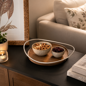 Premium Wooden Round Decorative Tray with Metal Rim | Accent Coffee <b>Table</b> Display Organizer Centerpiece Home Decor Serving Tray - Product Image 4