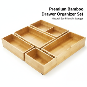 Ensemble d'organisateurs de tiroirs en bois de bambou naturel, 5 pièces, plateau à couverts de cuisine, séparateur de tiroir extensible, boîte de rangement écologique pour la maison - Product Image 1