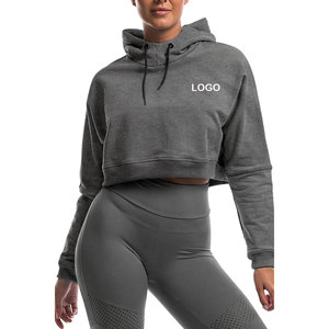 Sudadera Corta con Capucha Gris para Mujer, Manga Larga, Tejida, Color Sólido, Logotipo Frontal, Transpirable, para Otoño - Product Image 1