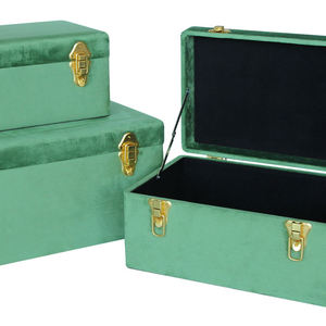 Boîte à bijoux rectangulaire en métal vert durable, ensemble de 3 couches empilables avec couvercle à charnière, design classique, boîte de rangement en tissu - Product Image 3