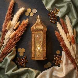 <b>Moroccan</b> Lantern Gold Metal Battery Powered Boho Garden Patio Decor Outdoor Party Lamp Night <b>Light</b> Eid Ramadan Candle Holder - Product Image 1