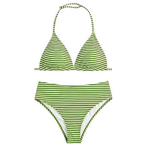 Womens <b>Striped</b> Bikini Set Halter <b>Top</b> High Waist Bottoms Green White Patterned Two Piece Swimwear Stretch Knitted - Product Image 1