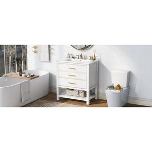 Modern 30-Inch Navy Blue/White Bathroom Vanity Combo with <b>Open</b> <b>Storage</b> & Two Drawers - Product Image 5