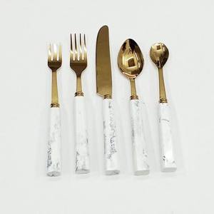 Modern Luxury Flatware Set with Marble Handles <b>Gold</b> Finish Dishwasher Safe for Wedding Occasions Cutlery Set - Product Image 1