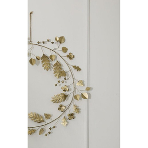 Couronne élégante en métal doré avec des feuilles de chêne détaillées et une corde de suspension en jute, idéale pour la décoration murale festive. - Product Image 6