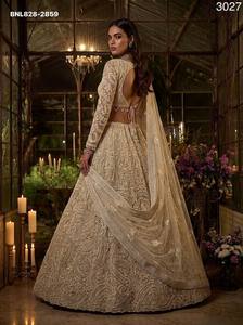 Wedding wear Heavy <b>Net</b> with Pearl & Sequin Embroidered A-Line Ivory Lehenga- Fancy Border Readymade Blouse Set At Wholesale Rate - Product Image 5