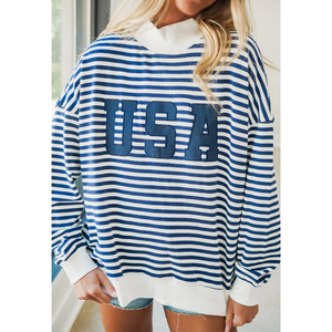 Sweat-shirt rayé personnalisé pour femme, coupe oversize, épaules tombantes, rayures horizontales, imprimé lettres universitaires, col montant, collection automne-hiver - Product Image 6